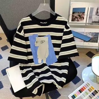 Женский полосатый свободный топ с короткими рукавами и принтом размера плюс M чёрный