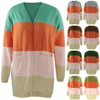 Женский полосатый термоблок с цветными блоками, свободный кардиган с длинным рукавом, вязаные свитера, пальто