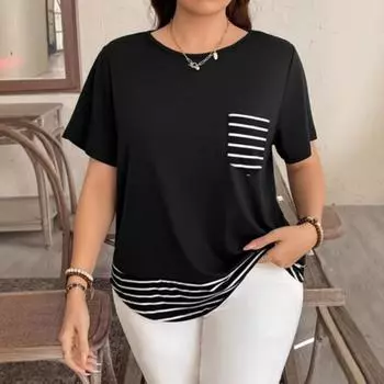 Женский полосатый топ с цветными блоками, футболка с коротким рукавом, карман, имитация двух частей XL чёрный