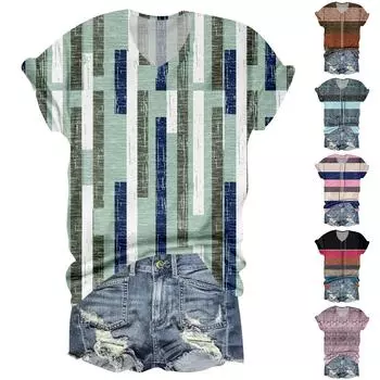 Женский полосатый топ с V-образным вырезом и короткими рукавами с принтом S