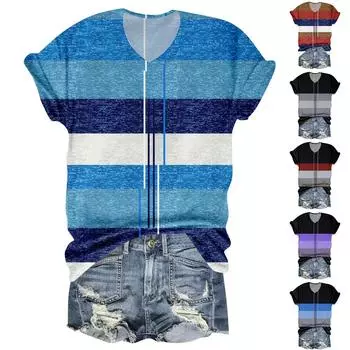 Женский полосатый топ с V-образным вырезом и короткими рукавами с принтом L