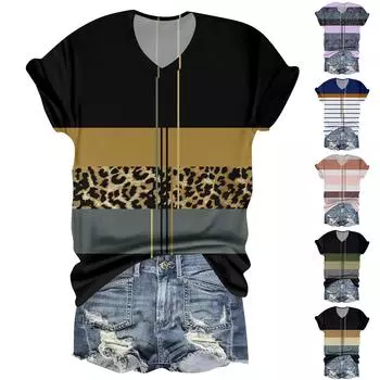 Женский полосатый топ с V-образным вырезом и короткими рукавами с принтом XL