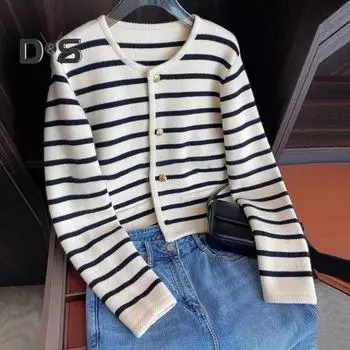 Женский полосатый вязаный свитер для девочек с круглым вырезом и длинными рукавами, однобортный жакет, мягкий однотонный свободный кардиган, женская осенне-зимняя вязаная одежда L чёрный