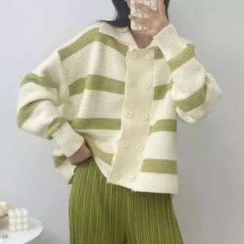 Женский полосатый вязаный свитер контрастного цвета, осенний новый корейский шикарный милый кардиган, винтажный джемпер с отложным воротником One Size чёрный