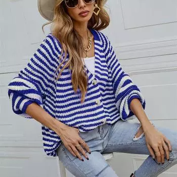 Женский полосатый вязаный свободный однобортный кардиган с v-образным вырезом и ленивым свитером синий