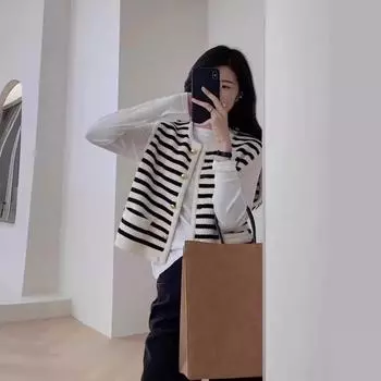 Женский полосатый вязаный жилет: 2024 Осень/Зима Японский Ретро Высококачественный Кардиган Жилет One Size чёрный/белый