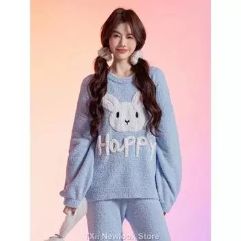 Женский полубархатный пижамный комплект, новый зимний стиль, милый кролик, коралловый бархат, верхняя одежда, домашняя одежда One Size синий