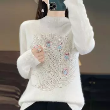 Женский полуводолазный свитер весна-осень со стразами трикотажный свитер свободного покроя большого размера трикотажный топ эластичный тонкий джемпер S бежевый