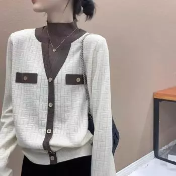 Женский полуводолазный трикотаж, имитация двухсекционного пуловера, вязаный свитер, весна-осень, свободный трикотажный топ M бежевый