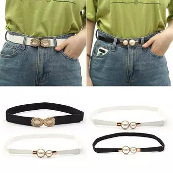 Женский пояс, черный эластичный пояс, тонкий ремень с жемчугом для женских платьев, юбка, украшение на пояс style 1 чёрный