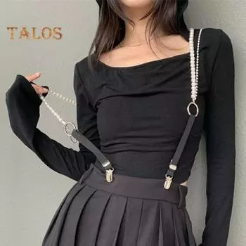 Женский пояс для чулок с искусственным жемчугом, украшение для рубашки, регулируемый эластичный зажим «утиный рот», задний ремень для верхней одежды, ремень для цепочек, ювелирные изделия, ремень для чулок чёрный