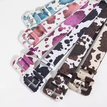 Женский пояс из искусственного меха с принтом коровы Y2K с широкой коричневой пряжкой 102 cm грязно-белый