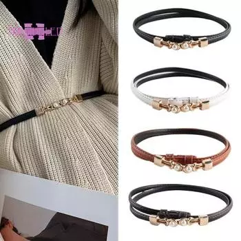 Женский пояс из искусственного жемчуга, узкий, противоскользящий, регулируемый, однотонный, декоративный, тонкий, элегантный, для пальто, пояс для платья, аксессуар для одежды 100cm чёрный