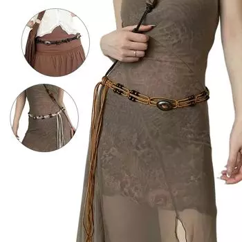 Женский пояс в стиле бохо с нежными бусинами, декором из плетеной цепочкой на талию для банкетов, платьев, для женщин, для пляжного отдыха, веревка на талию коричневый