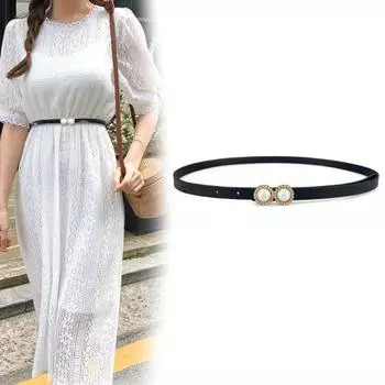 Женский поясной ремень Узкий пояс из искусственной кожи со стразами Декор из искусственного жемчуга Регулируемый небьющийся декоративный легкий женский тонкий поясной ремень чёрный