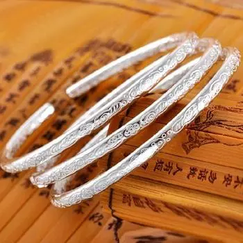 Женский посеребренный цветок с гравировкой, открытый браслет, ювелирный подарок