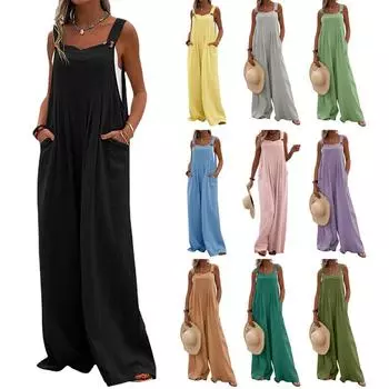 Женский повседневный элегантный комбинезон на бретельках, однотонные брюки на пуговицах, широкие брюки, новые летние каникулы в богемном стиле S