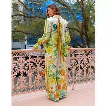 Женский повседневный атласный комплект брюк с цветочным принтом, модный комплект с лацканами сзади, полые рубашки на шнуровке с длинными рукавами и пуговицами, костюм для леди, уличный наряд XS зелёный