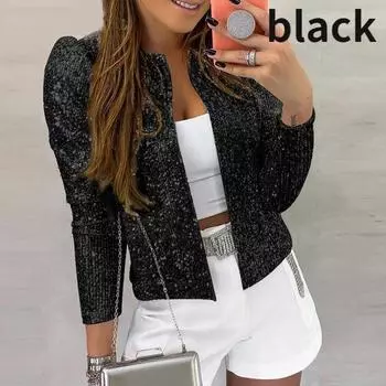 Женский повседневный блейзер с длинным рукавом, костюм с открытым передом, пальто с блестками, женская куртка, кардиган с блестками и жемчугом, верхняя одежда с круглым вырезом, женская одежда, черный, серебристый цвет S серебряный