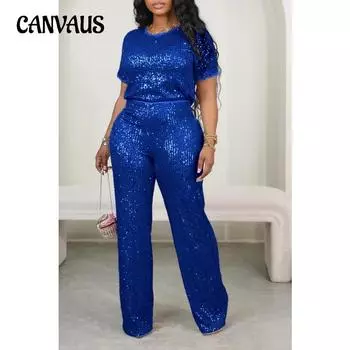 Женский повседневный брючный костюм из двух частей с короткими рукавами и блестками больших размеров