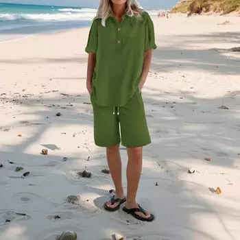 Женский повседневный брючный костюм Модный женский топ Однотонный комплект из двух предметов L армия зеленый