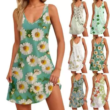 Женский повседневный цветочный (Уходит) Летнее пляжное платье в стиле бохо с принтом и карманами, платье-майка с V-образным вырезом L