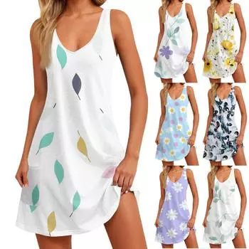 Женский повседневный цветочный (Уходит) Летнее пляжное платье в стиле бохо с принтом и карманами, платье-майка с V-образным вырезом L светло-фиолетовый