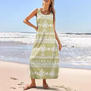 Женский повседневный длинный сарафан, летнее пляжное платье с принтом, свободный сарафан без рукавов с круглым вырезом L бежевый