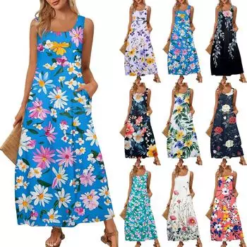 Женский повседневный длинный сарафан, летнее пляжное платье, круглый вырез, без рукавов, свободный сарафан M