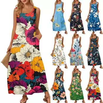Женский повседневный длинный сарафан, летнее пляжное платье, круглый вырез, без рукавов, свободный сарафан S