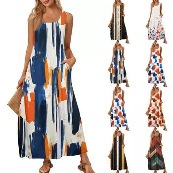 Женский повседневный длинный сарафан, летнее пляжное платье, круглый вырез, без рукавов, свободный сарафан XXL бежевый