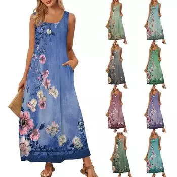 Женский повседневный длинный сарафан, летнее пляжное платье, круглый вырез, без рукавов, свободный сарафан XXL фиолетовый