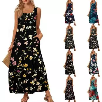 Женский повседневный длинный сарафан, летнее пляжное платье, круглый вырез, без рукавов, свободный сарафан XL оранжевый