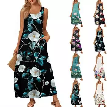 Женский повседневный длинный сарафан, летнее пляжное платье, круглый вырез, без рукавов, свободный сарафан S красный