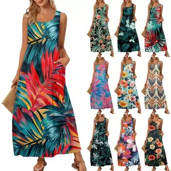 Женский повседневный длинный сарафан, летнее пляжное платье, круглый вырез, без рукавов, свободный сарафан L циан