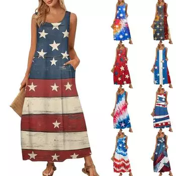 Женский повседневный длинный сарафан, летнее пляжное платье, круглый вырез, без рукавов, свободный сарафан L