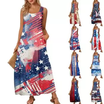 Женский повседневный длинный сарафан, летнее пляжное платье, круглый вырез, без рукавов, свободный сарафан M