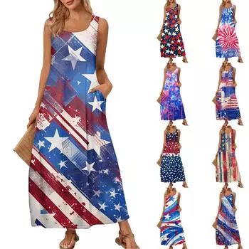 Женский повседневный длинный сарафан, летнее пляжное платье, круглый вырез, без рукавов, свободный сарафан S тёмно-синий