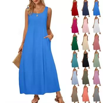 Женский повседневный длинный сарафан, летнее пляжное платье, круглый вырез, без рукавов, свободный сарафан L армия зеленый