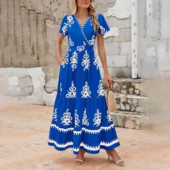 Женский повседневный длинный сарафан, летнее пляжное платье, свободный сарафан с V-образным вырезом L синий
