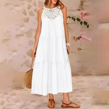 Женский повседневный длинный сарафан, летнее пляжное платье, круглый вырез, без рукавов, свободный сарафан S белый