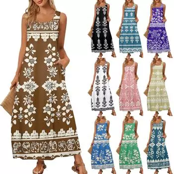Женский повседневный длинный сарафан, летнее пляжное платье с принтом, свободный сарафан без рукавов с круглым вырезом XXL розовый