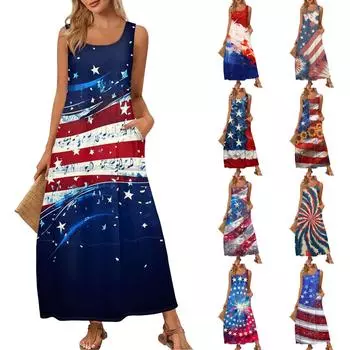 Женский повседневный длинный сарафан, летнее пляжное платье, круглый вырез, без рукавов, свободный сарафан S