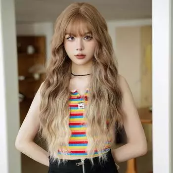 Женский повседневный длинный волнистый парик с челкой, модный женский парик из синтетического волокна в стиле «водяная волна» со светлыми прядями