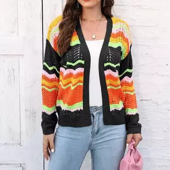 Женский повседневный джемпер в полоску с радужным узором на осень и зиму S синий