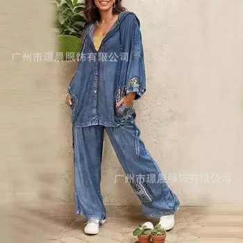 Женский повседневный джинсовый комплект с капюшоном и джинсами широкого кроя с деталями с леопардовым принтом S синий