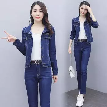 Женский повседневный джинсовый костюм на весну и осень, комплект из 2 предметов: джинсовая куртка + джинсы 3XL