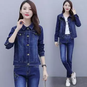 Женский повседневный джинсовый костюм, вышитая джинсовая куртка + джинсы, комплект из 2 предметов 3XL темно-синий
