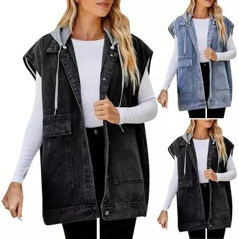 Женский повседневный джинсовый жилет со съемным жилетом без рукавов с большим карманом и капюшоном L чёрный