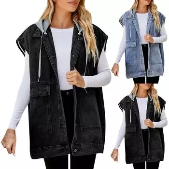 Женский повседневный джинсовый жилет со съемным жилетом без рукавов с большим карманом и капюшоном L чёрный